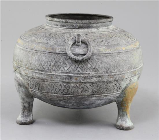 A Chinese archaic bronze steamer vessel base, Yan, Warring States period, c.5th century B.C., 16cm high, 20cm diameter (lacking top)